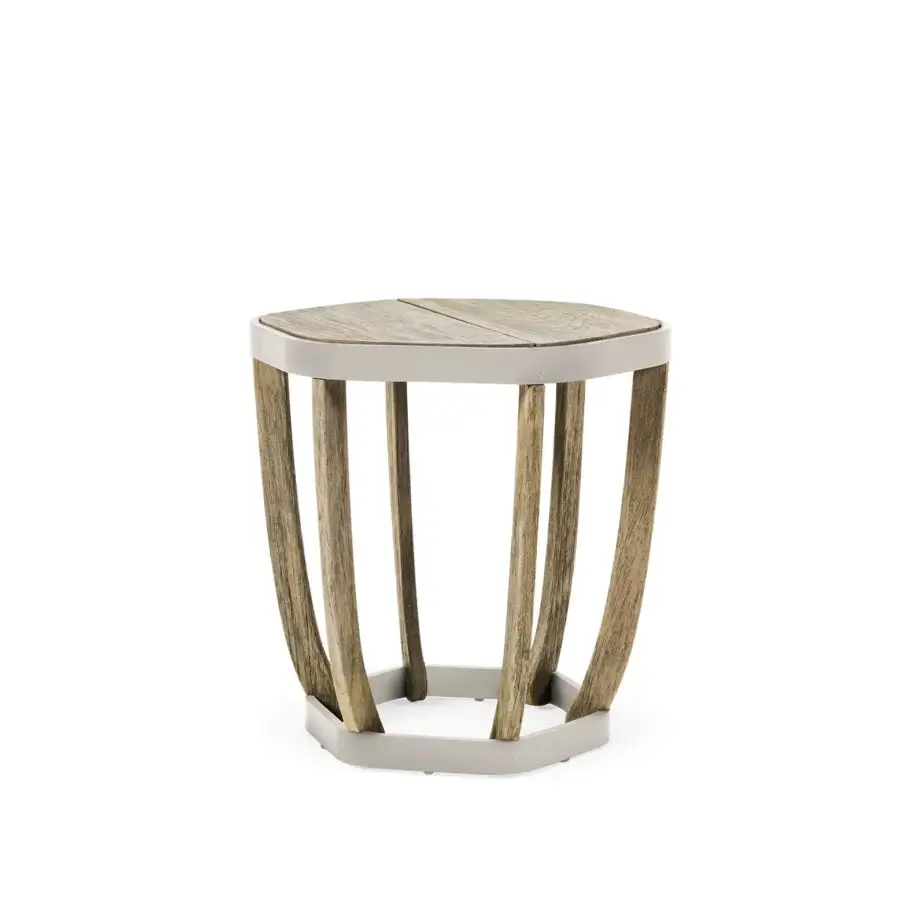 Distinguished Ethimo Swing side table with neutral gray metal frame and precisely arranged teak wood slats in a matte finish