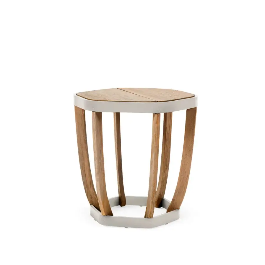 Harmonious Ethimo Swing side table crafted with a matte gray metal frame and teak wood slats exhibiting a natural grain finish