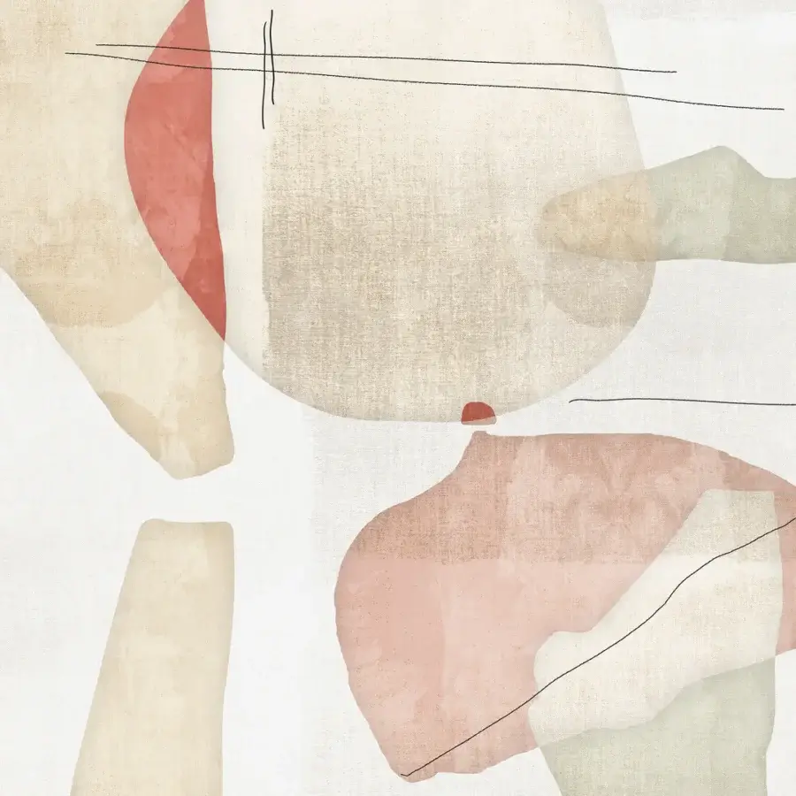Exceptional Wall&Decò Oxytocin wallpaper with overlapping organic shapes in beige, rose, and olive green, printed on sustainable bio-vinyl with a d.TW finish