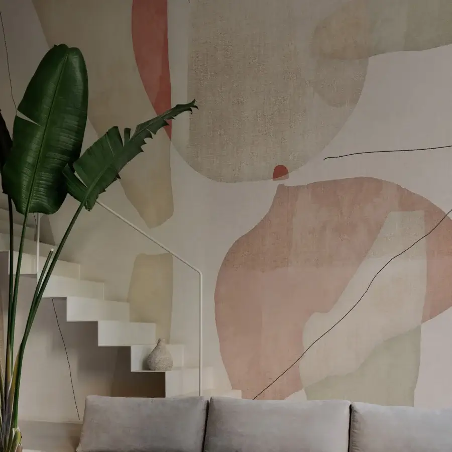 Exceptional Wall&Decò Oxytocin wallpaper with a soothing abstract composition in blush pink, beige, and taupe tones on organic bio-vinyl with d.TW finish