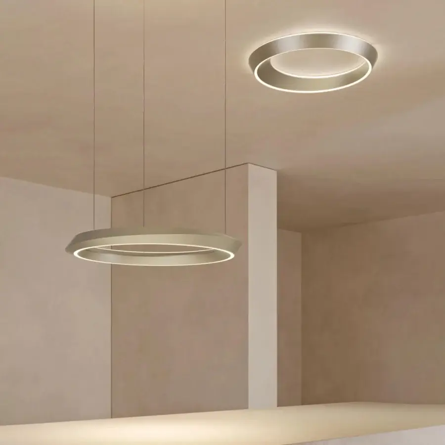 Exceptional Lodes Tidal suspension lamp crafted in warm gray metal with a satin finish and asymmetrical rings