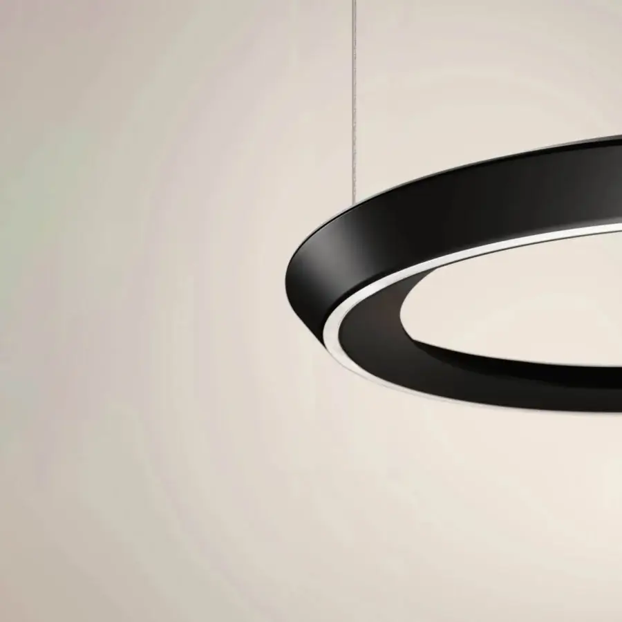 Distinguished Lodes Tidal suspension lamp crafted in matte black metal with asymmetrical rings delivering bright white illumination