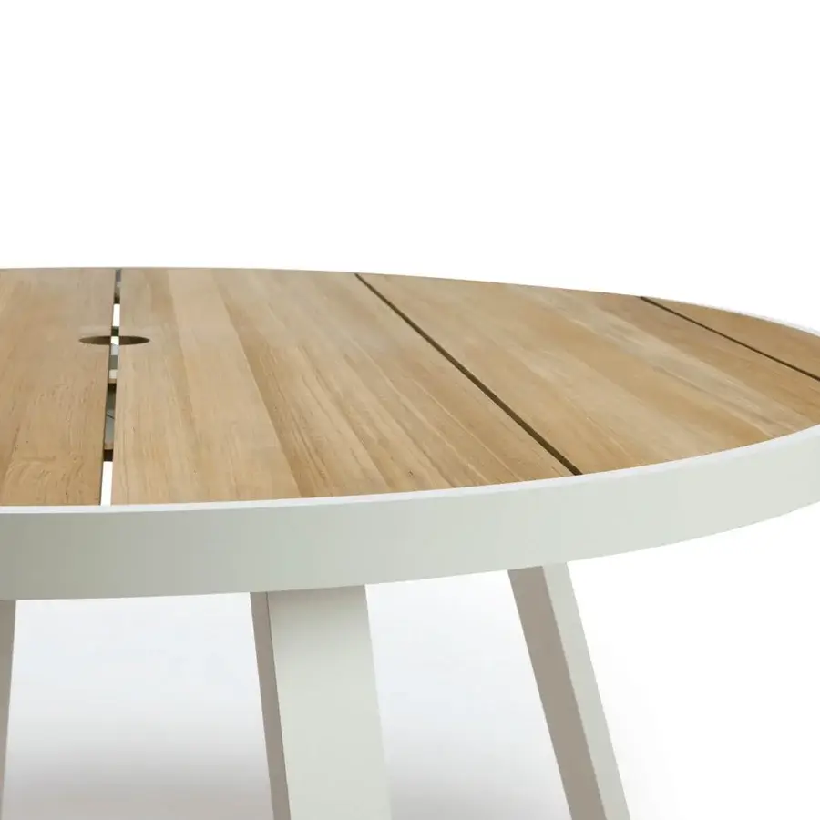 Exceptional Ethimo Swing table crafted in white aluminum with a rhythmic teak tabletop and satin finish
