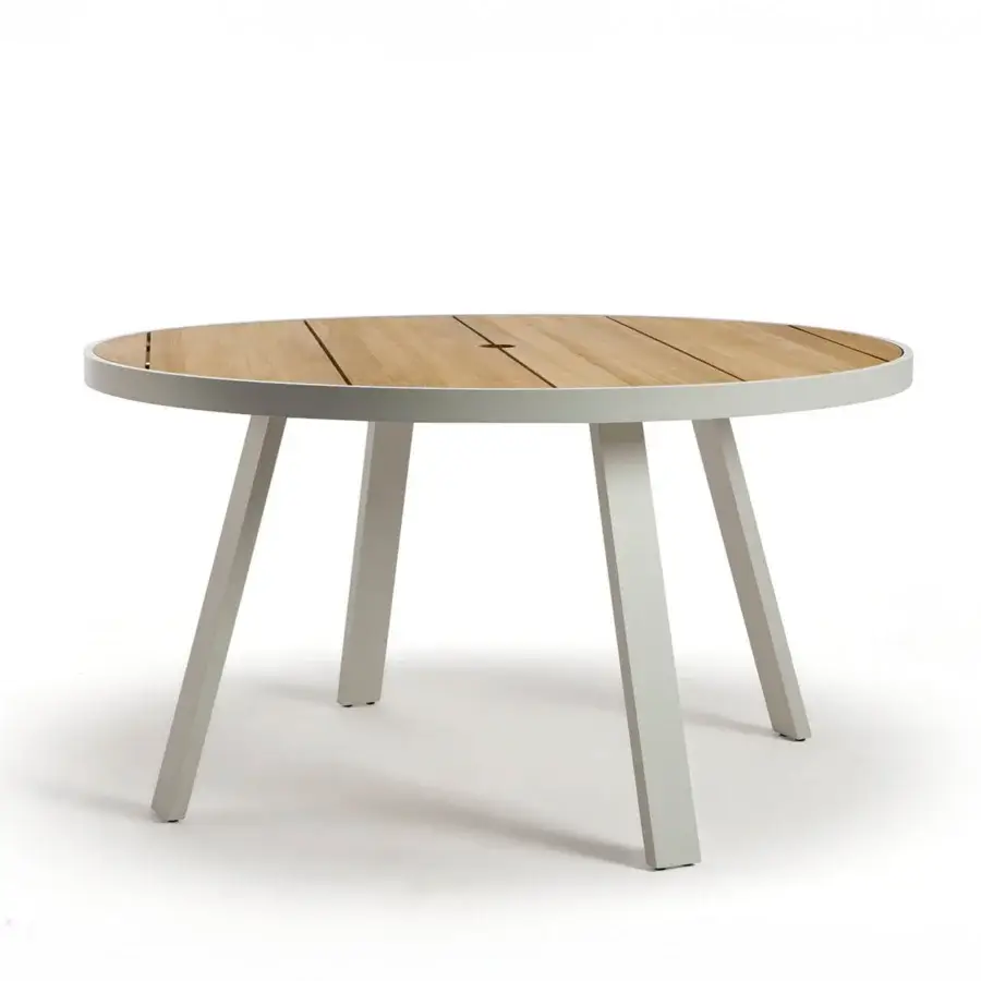 Distinguished Ethimo Swing table crafted in aluminum with precisely arranged teak slats embodying a contemporary minimalist aesthetic
