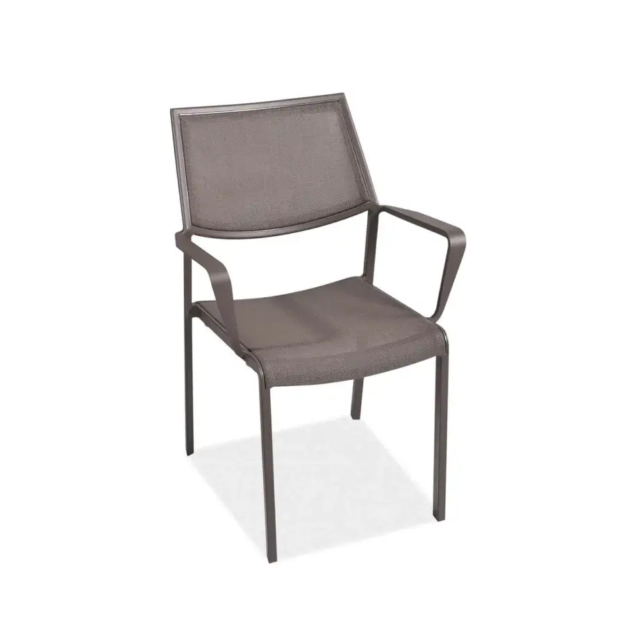 Exceptional Roberti Rattan Samba Rio armchair with aluminum frame and woven batyline in a brownish-gray powder-coated finish