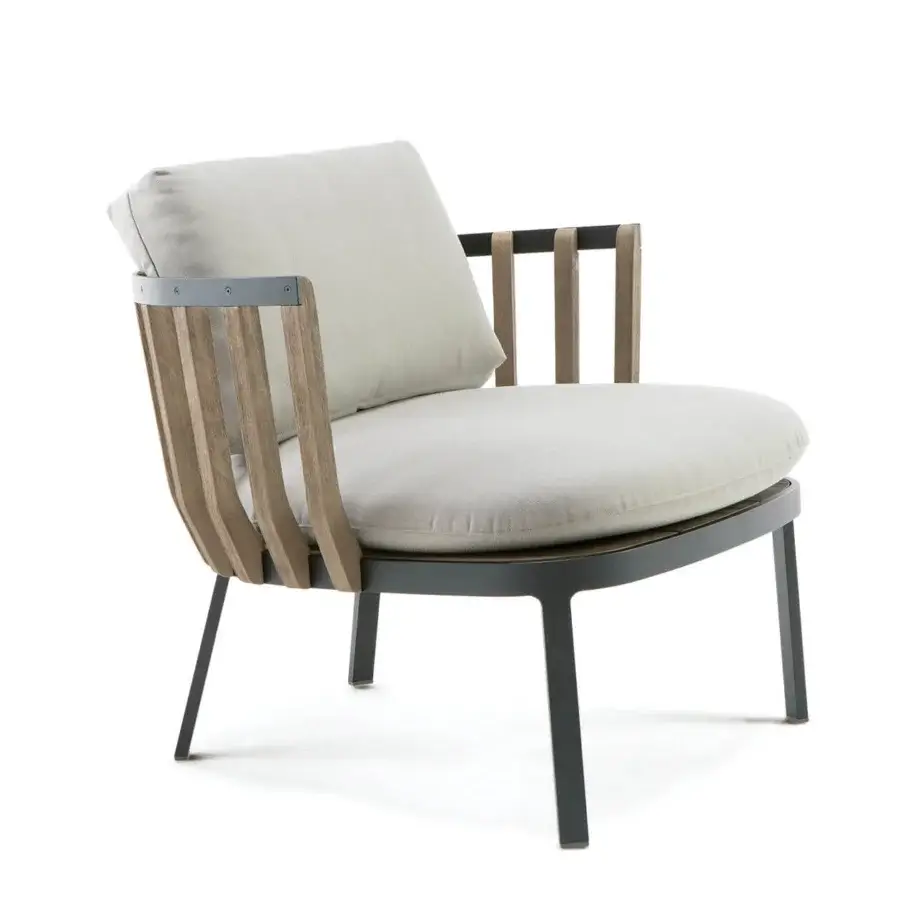 Elegant Ethimo Swing lounge chair with dark gray metal and medium-toned teak wood slats, complemented by light beige woven textile cushioning