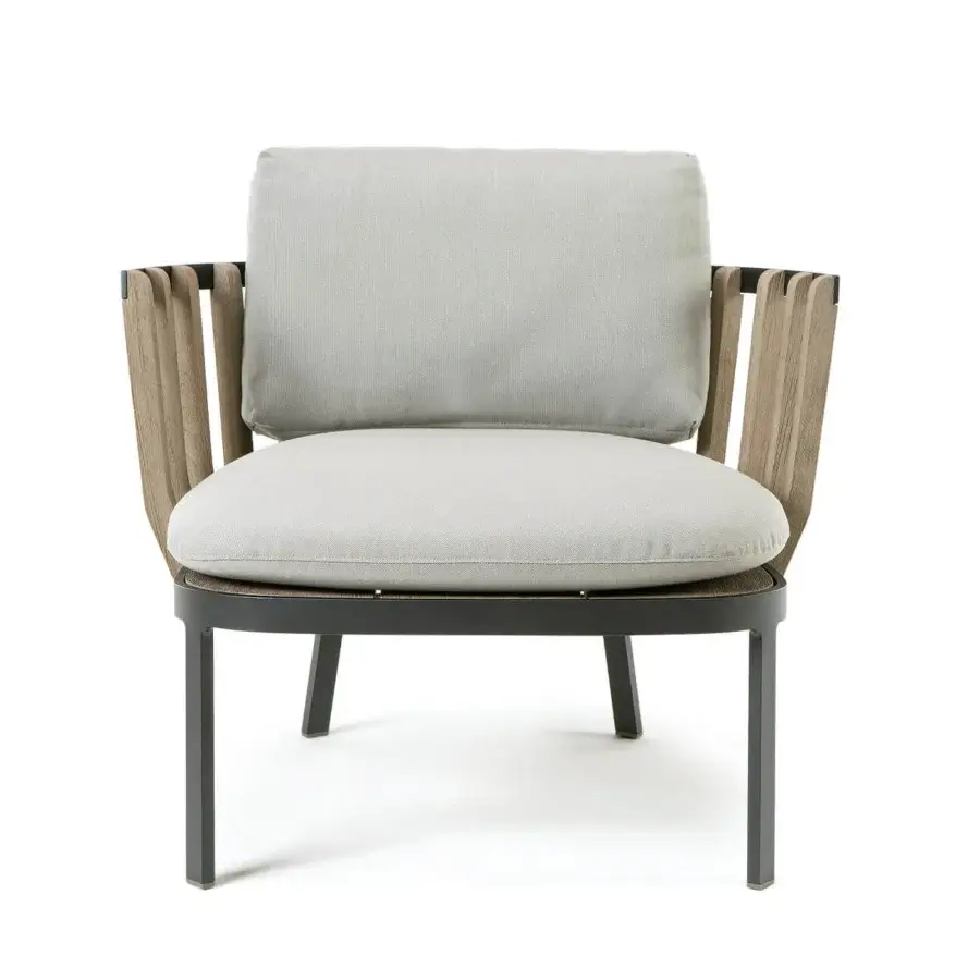 Exceptional Ethimo Swing lounge chair crafted with light gray textile upholstery and dark gray matte metal legs