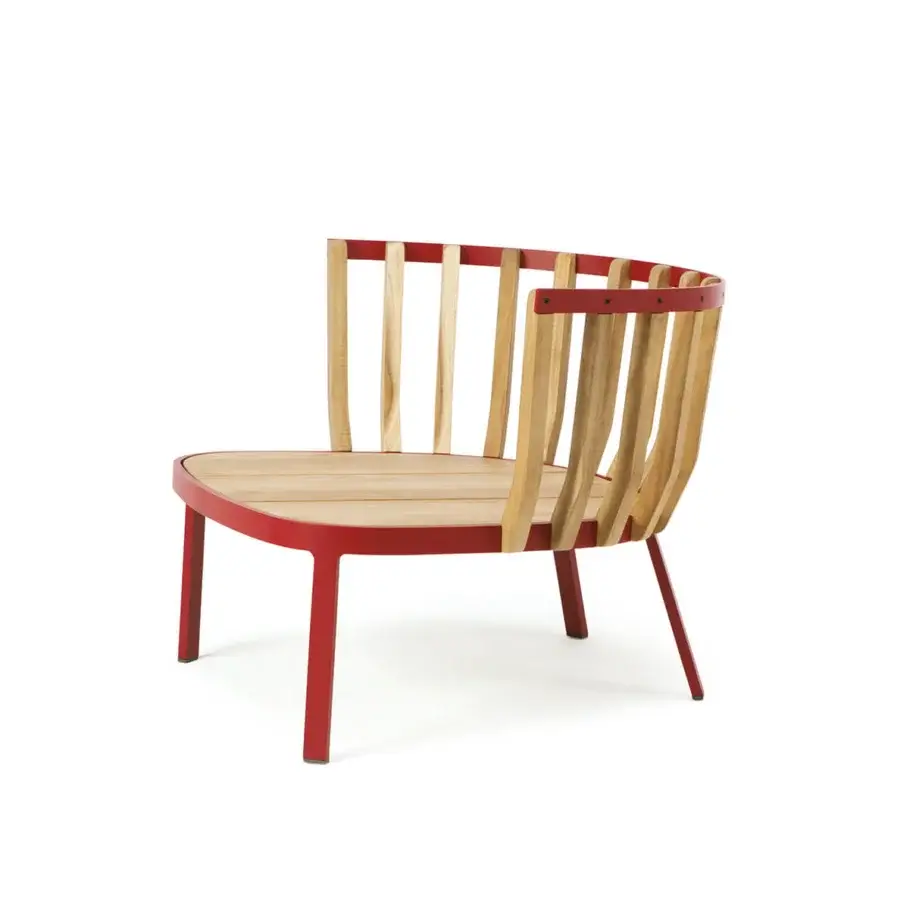 Distinguished Ethimo Swing lounge chair with red matte metal and teak slats offering a contemporary style