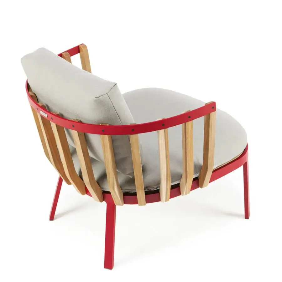 Superior Ethimo Swing lounge chair with red metal and teak slats, cushioned in light gray textile with matte and satin finishes