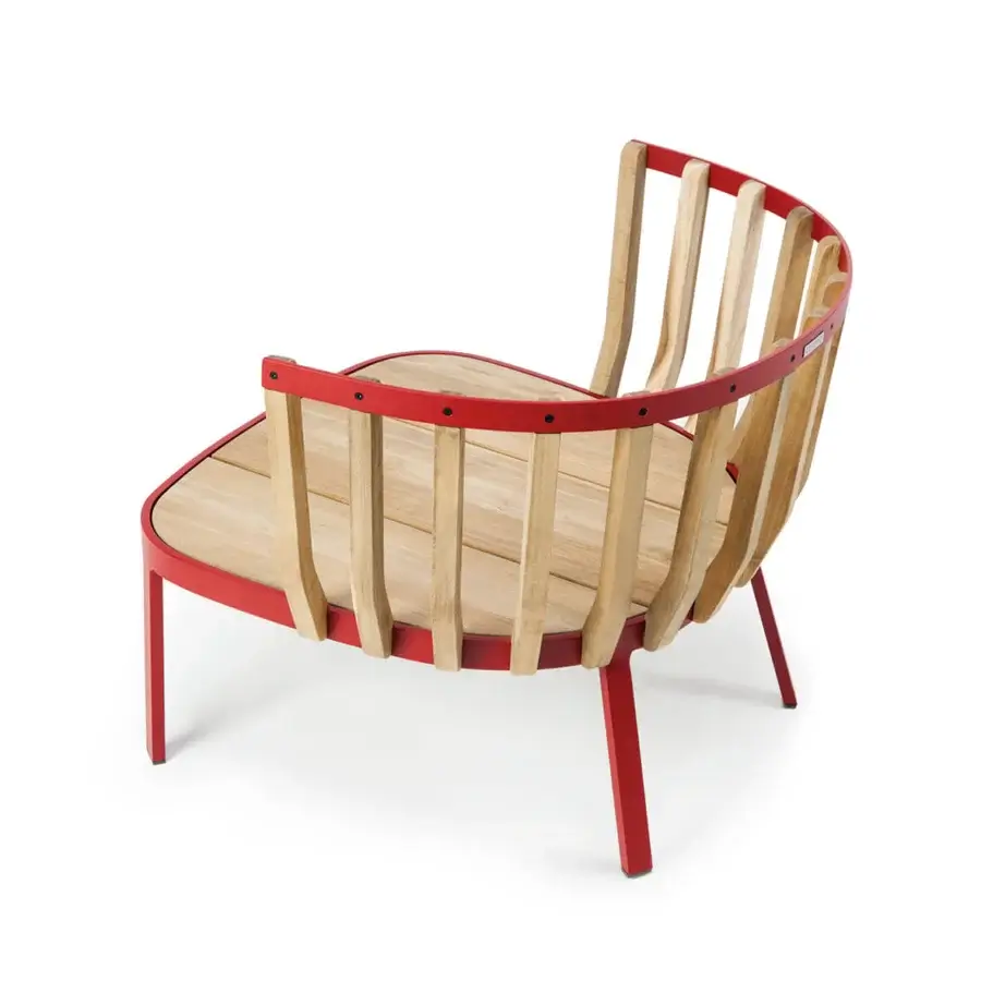 Distinguished Ethimo Swing lounge chair with a red metal frame and precisely arranged teak slats, crafted in Italy