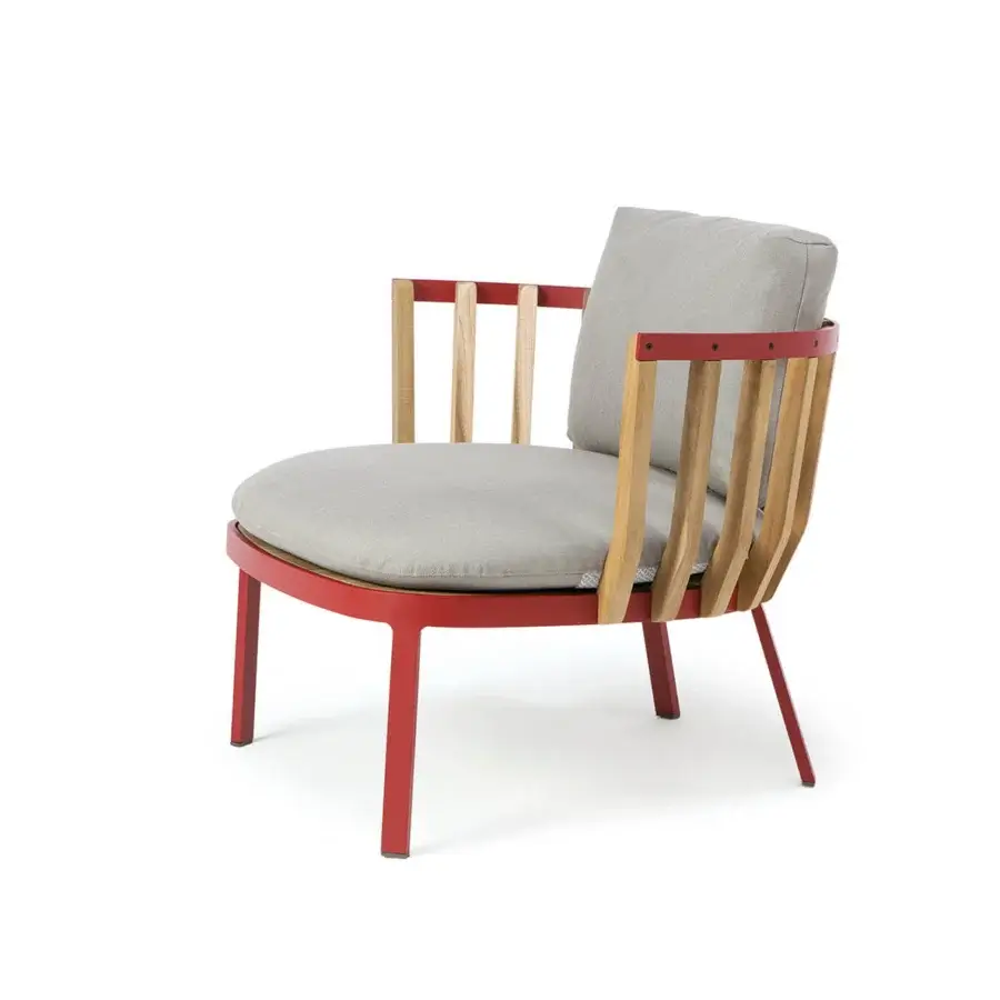 Exceptional Ethimo Swing lounge chair with a matte red metal frame, light-toned teak slats and substantial gray textile cushioning