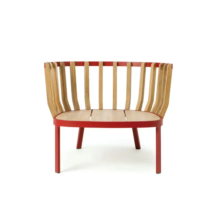 Superior Ethimo Swing lounge chair with reddish-orange matte metal and teak wood slats crafted in Italy