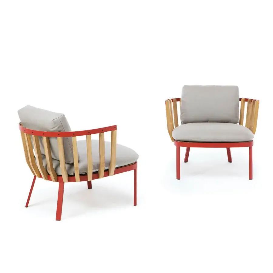 Exceptional Ethimo Swing lounge chair crafted with reddish matte metal and teak slats, complemented by light gray cushions