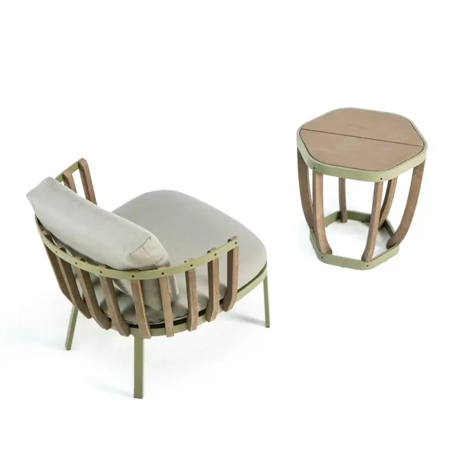 Elegant Ethimo Swing lounge chair with pale green matte metal, teak slats and neutral beige textured textile upholstery