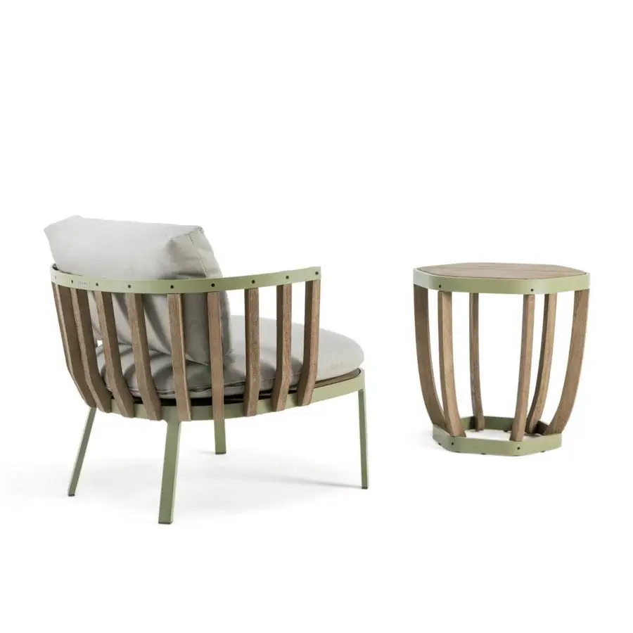 Superior Ethimo Swing lounge chair with matte olive green metal, teak slats, and a rounded barrel form