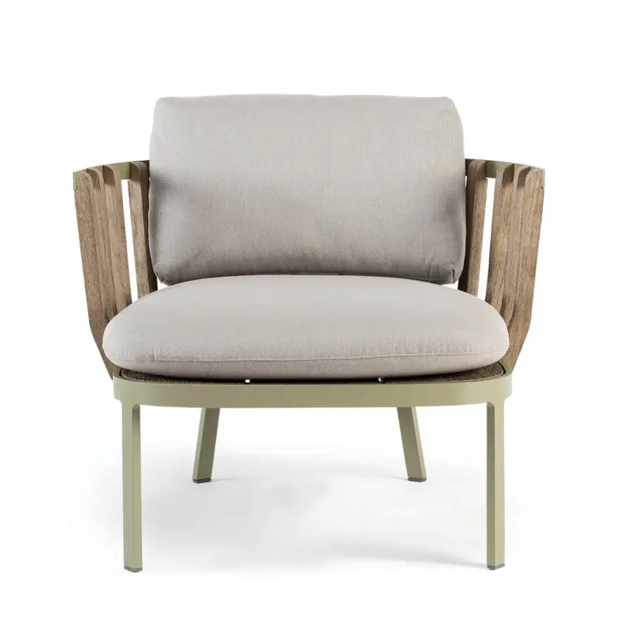 Exceptional Ethimo Swing lounge chair with muted green matte metal, teak slats and neutral beige textile cushions