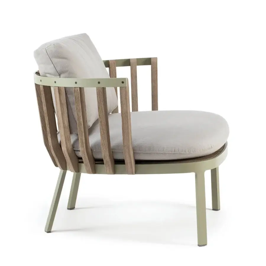 Distinctive Ethimo Swing lounge chair with pale green metal, teak wood slats and light gray textile cushions crafted in Italy