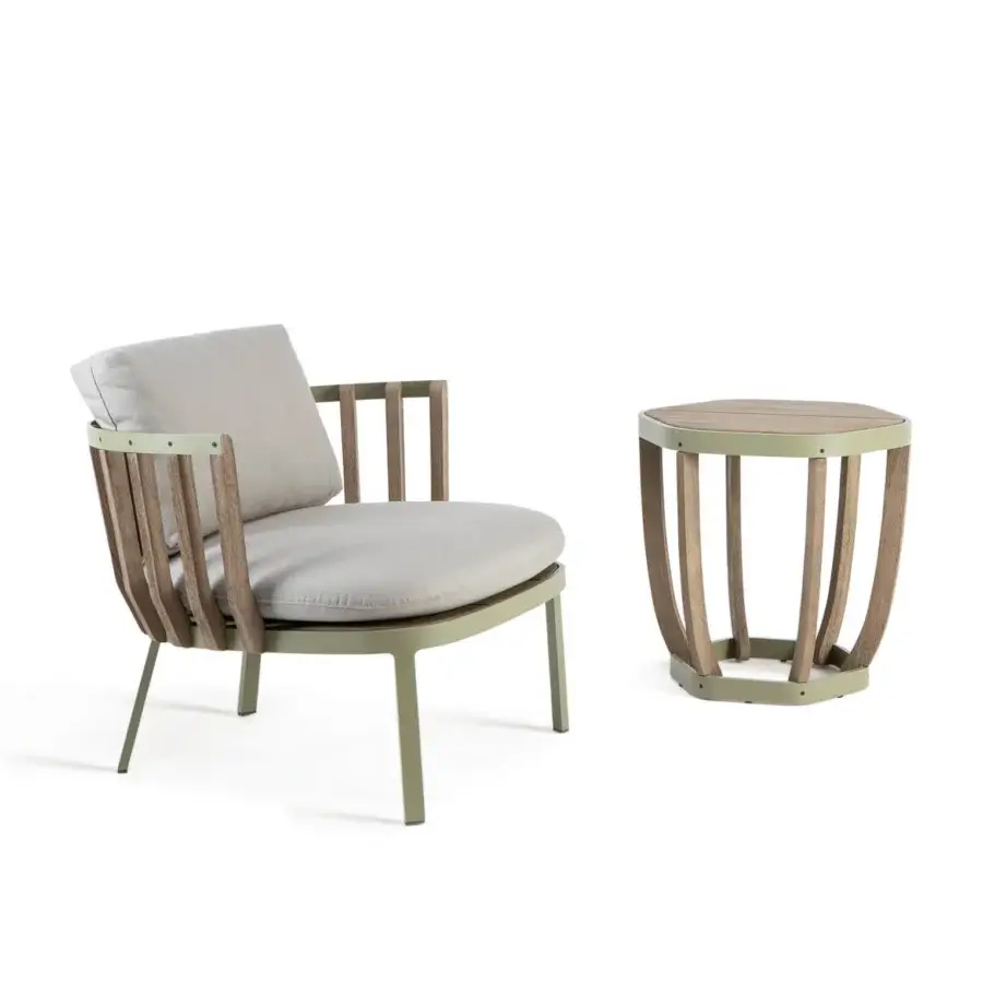 Superior Ethimo Swing lounge chair with matte sage green metal, teak slats and light beige cushion crafted in Italy