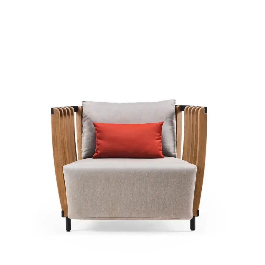 Exceptional Ethimo Swing lounge chair with muted gray textile upholstery and warm matte teak slats