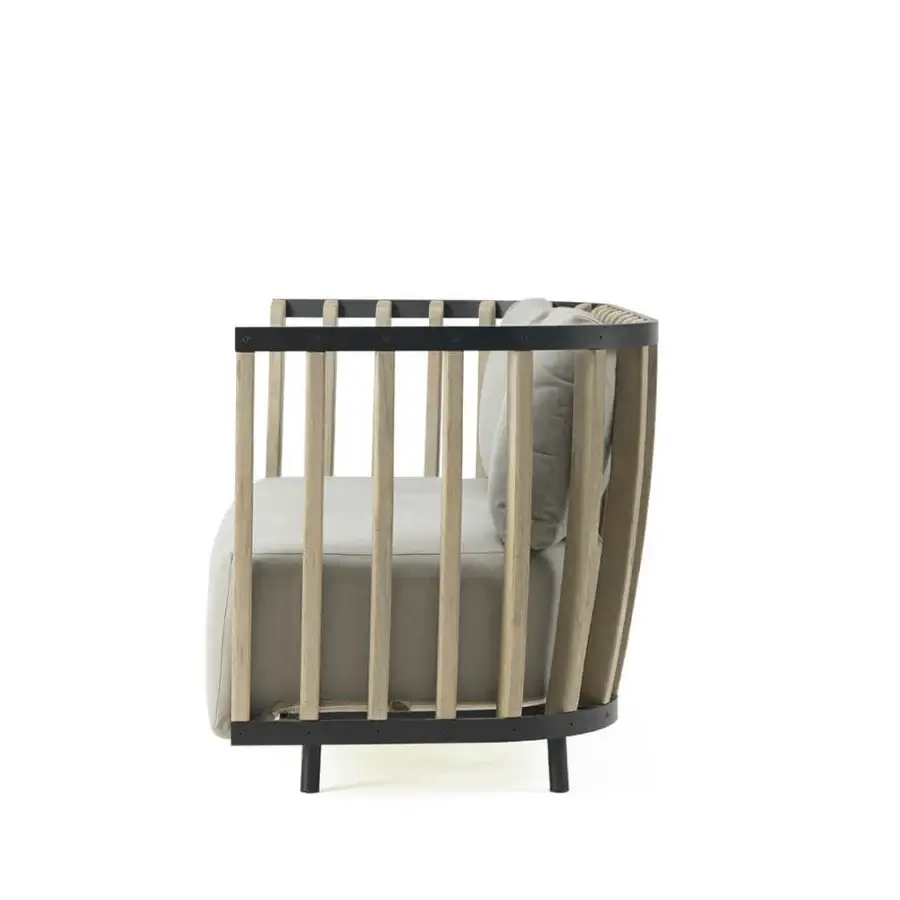 Superior Ethimo Swing lounge chair with sleek metal, warm teak slats and plush light gray cushions