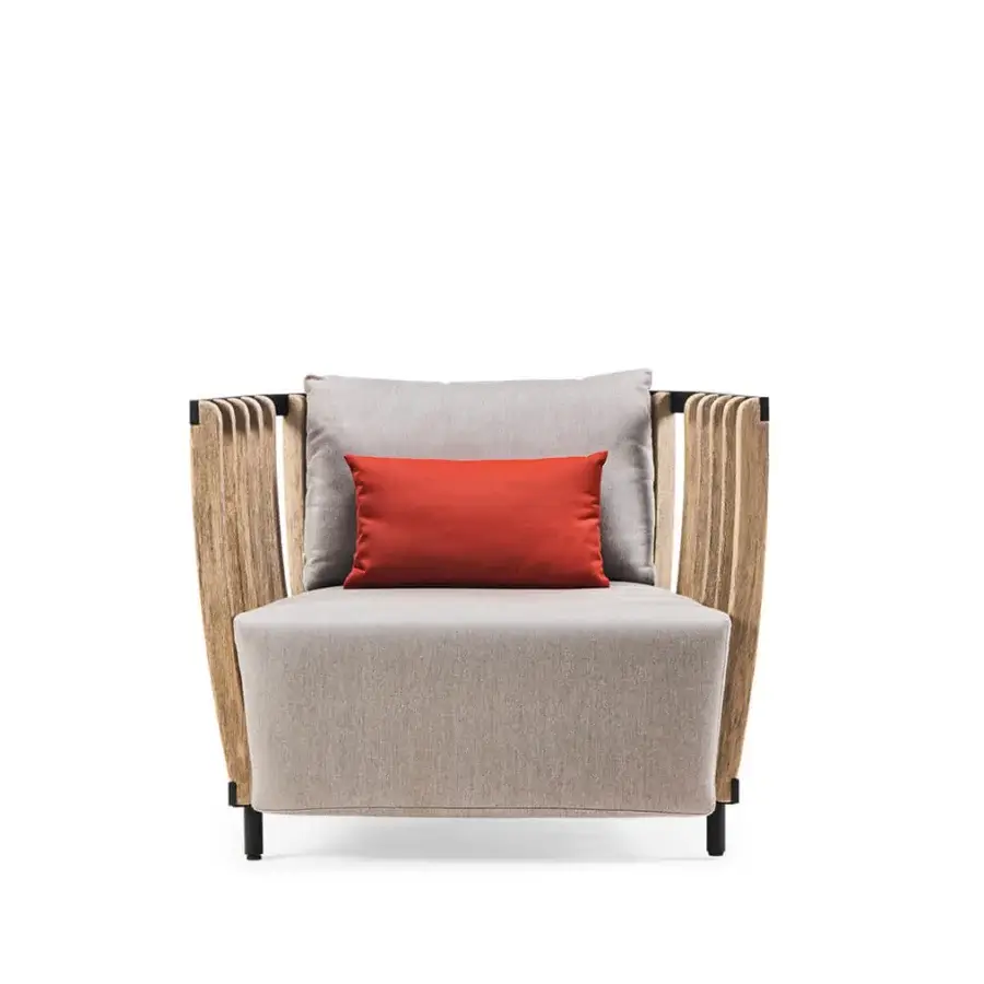 Distinguished Ethimo Swing lounge chair crafted with metal, warm teak slats and neutral gray textile upholstery accented with reddish-orange