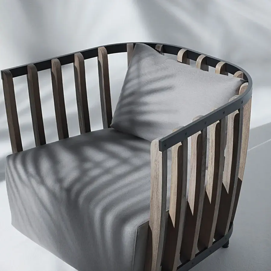 Elegant Ethimo Swing lounge chair with a metal frame, internal teak slats and muted gray matte finish