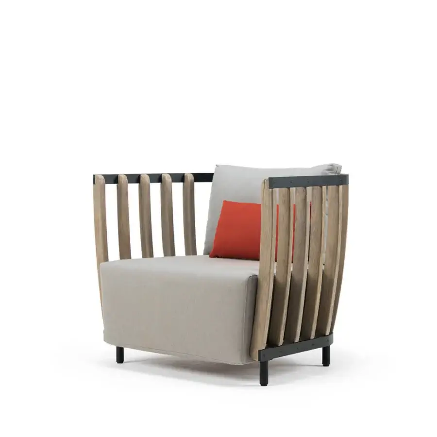 Distinguished Ethimo Swing lounge chair crafted with a sleek metal frame, warm teak slats, plus a light neutral textile cushion with orange accent