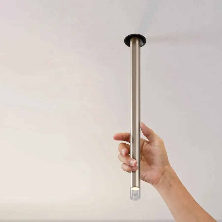 Elegant Lodes A-Tube Nano Swing ceiling lamp crafted in metal with a brushed warm grey finish