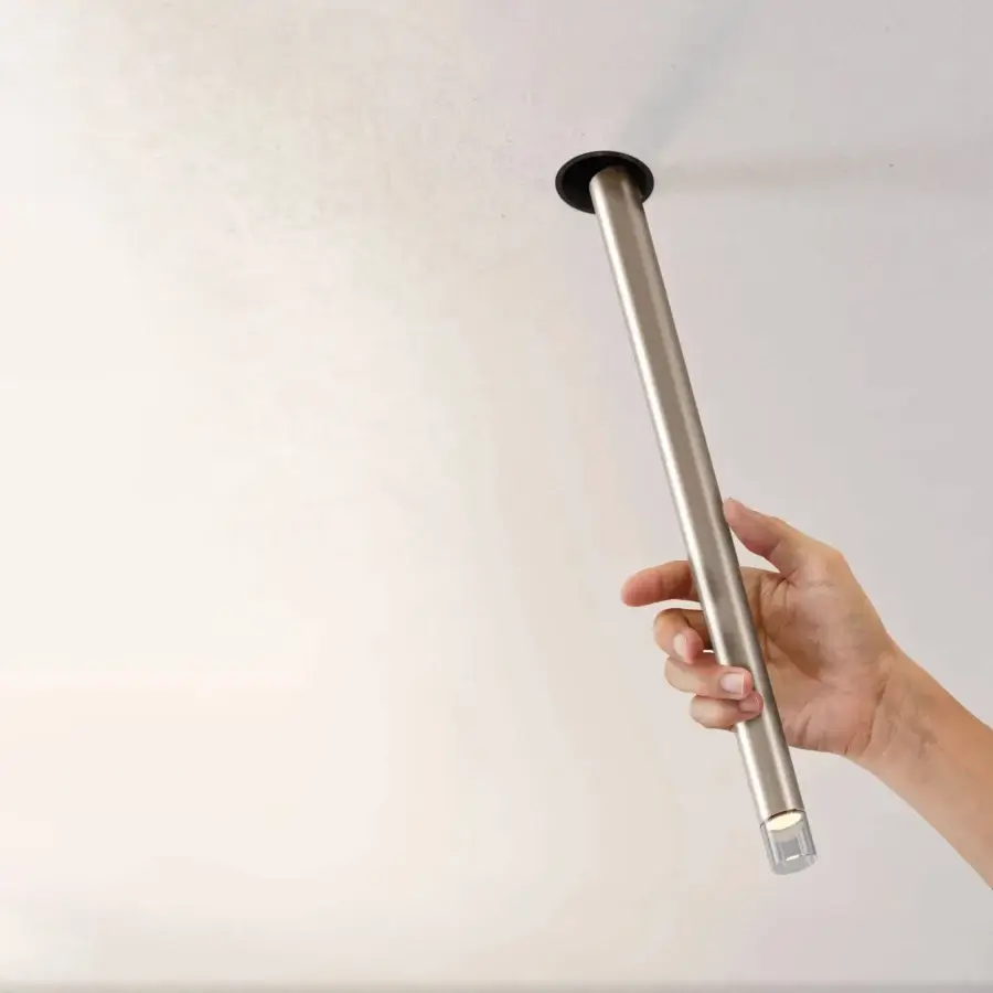 Captivating Lodes A-Tube Nano Swing ceiling lamp crafted in metal with a neutral gray-beige tone and brushed finish