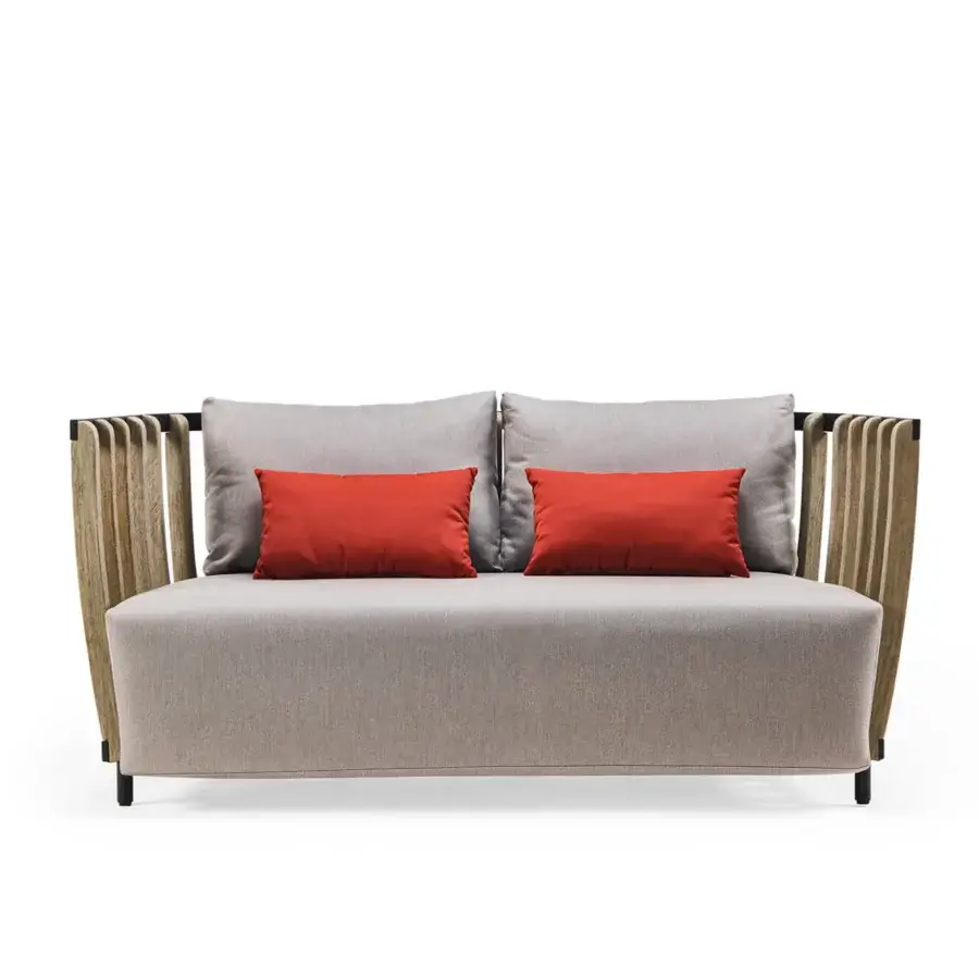 Distinguished Ethimo Swing sofa crafted with a metal frame and rhythmic teak slats, featuring comfortable gray cushions with vibrant orange accents