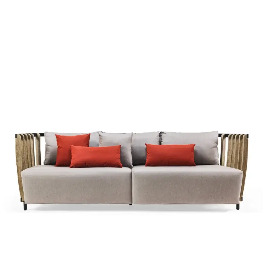 Exceptional Ethimo Swing sofa with a dark metal frame, warm teak slats, light grey textile upholstery and reddish-orange accent cushions