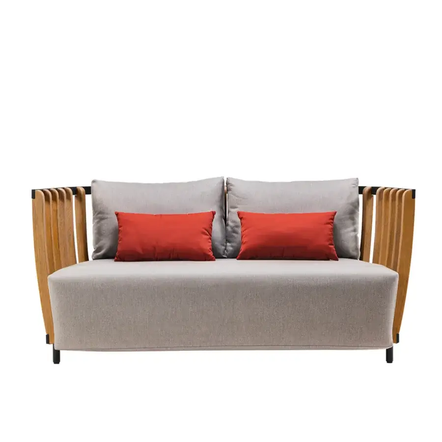 Distinguished Ethimo Swing sofa with teak wood, metal, gray textured weave upholstery and reddish-orange cushions offering architectural form