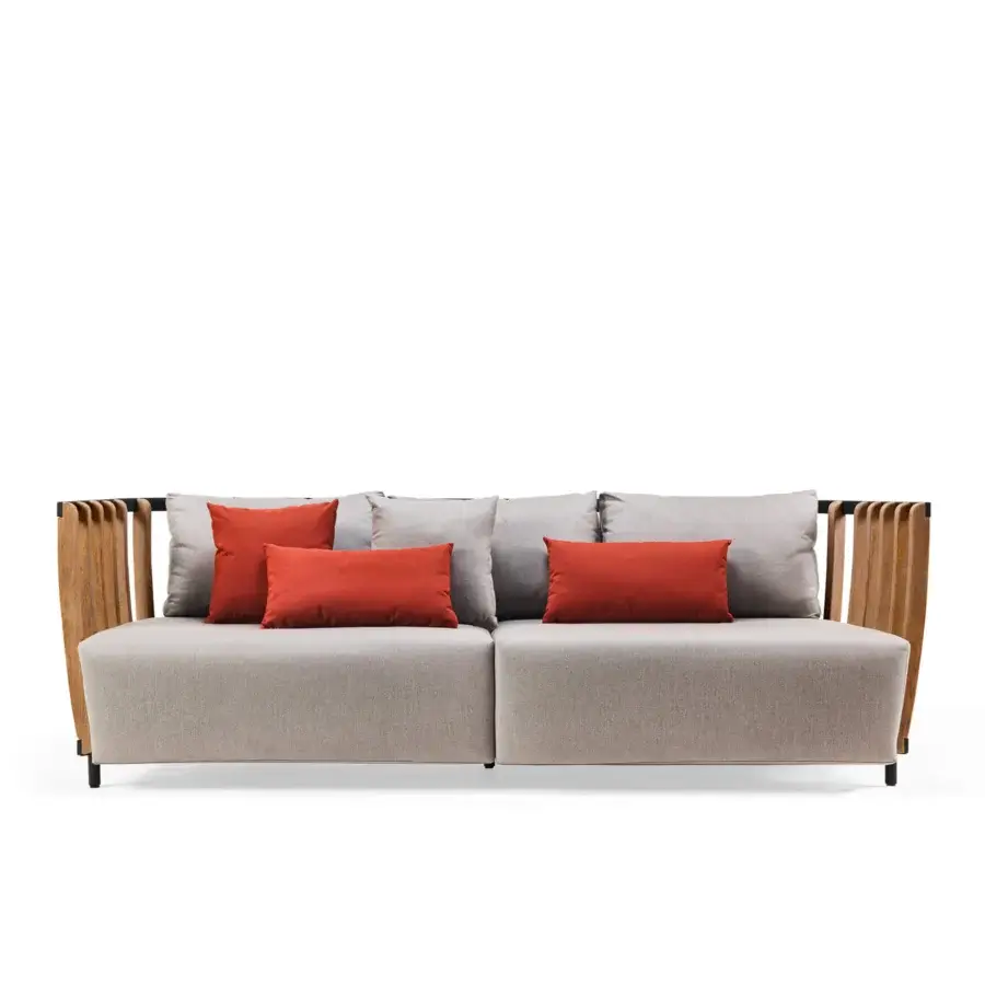 Exceptional Ethimo Swing sofa with a metal frame, warm teak slats, light gray textile upholstery and reddish-orange cushions