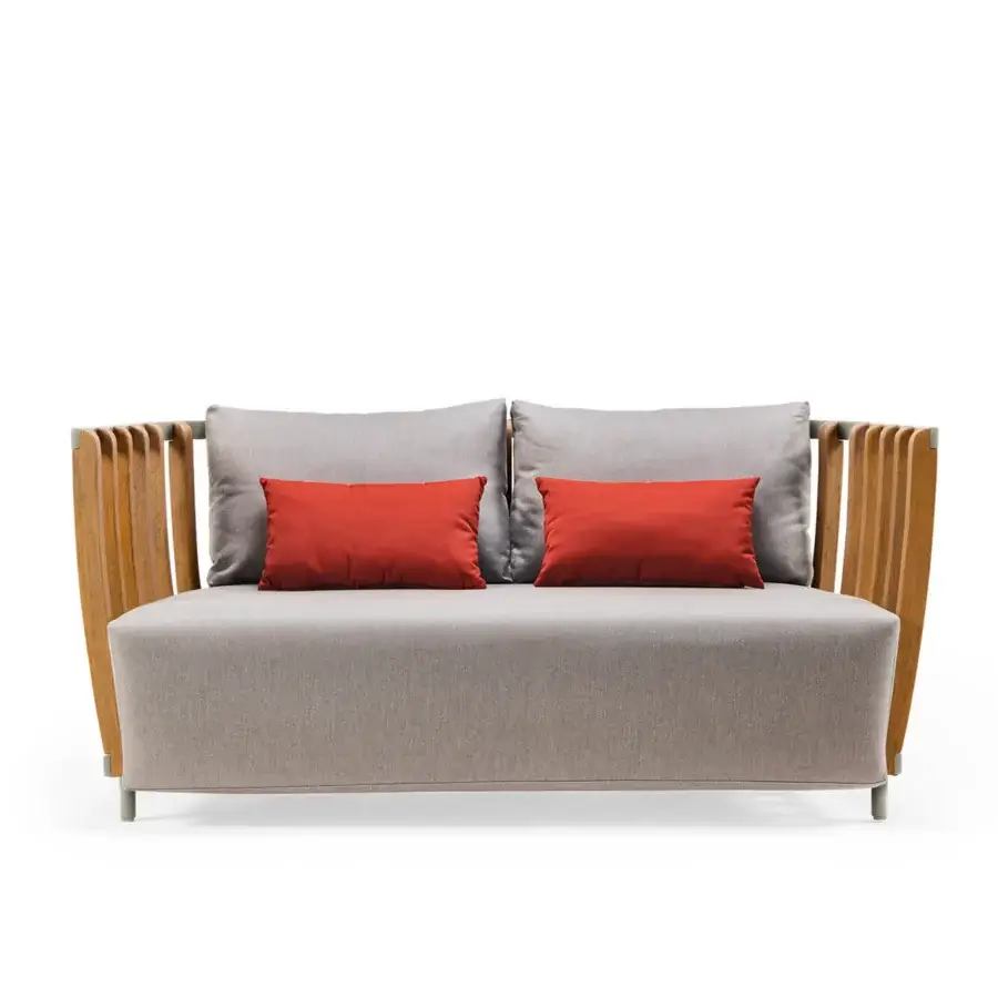 Refined Ethimo Swing sofa with a metal frame, rhythmic teak slats, medium-gray textured textile upholstery and reddish-orange cushions