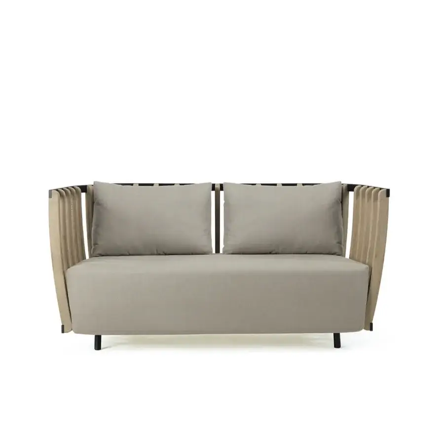 Captivating Ethimo Swing sofa with a metal frame, rhythmic teak slats, and a smooth, lightly textured wood finish