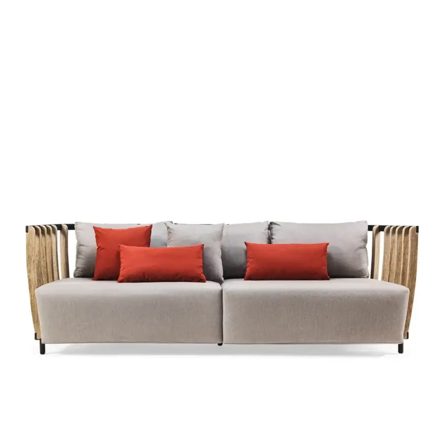 Distinguished Ethimo Swing sofa crafted with dark matte metal, teak slats, neutral gray textile, plus reddish-orange cushions