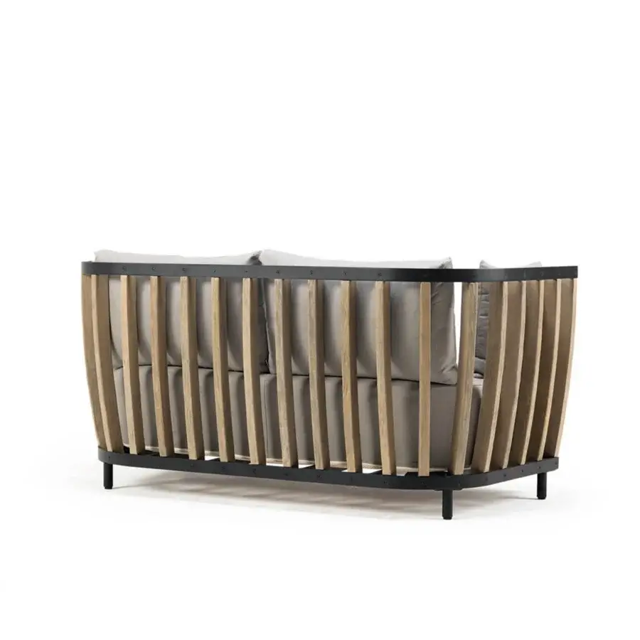 Sophisticated Ethimo Swing sofa with dark metal, teak slats, and light gray smooth-finish cushions crafted in Italy