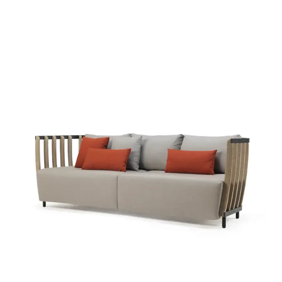 Distinguished Ethimo Swing sofa with a metal frame, light-toned teak slats, gray textile upholstery and vibrant terracotta cushions