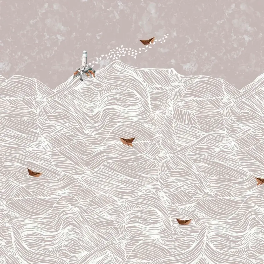 Exceptional Wall&Decò Pharos wallpaper with wave lines, paper boats, and a lighthouse in beige and brown organic bio-vinyl with fabric texture