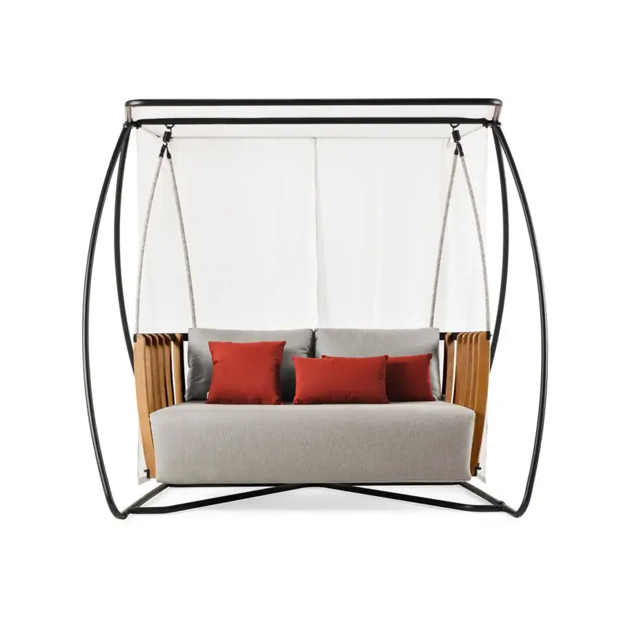 Exceptional Ethimo Swing hanging sofa crafted with a dark matte metal frame, teak slats, neutral gray textile upholstery and reddish-orange cushions