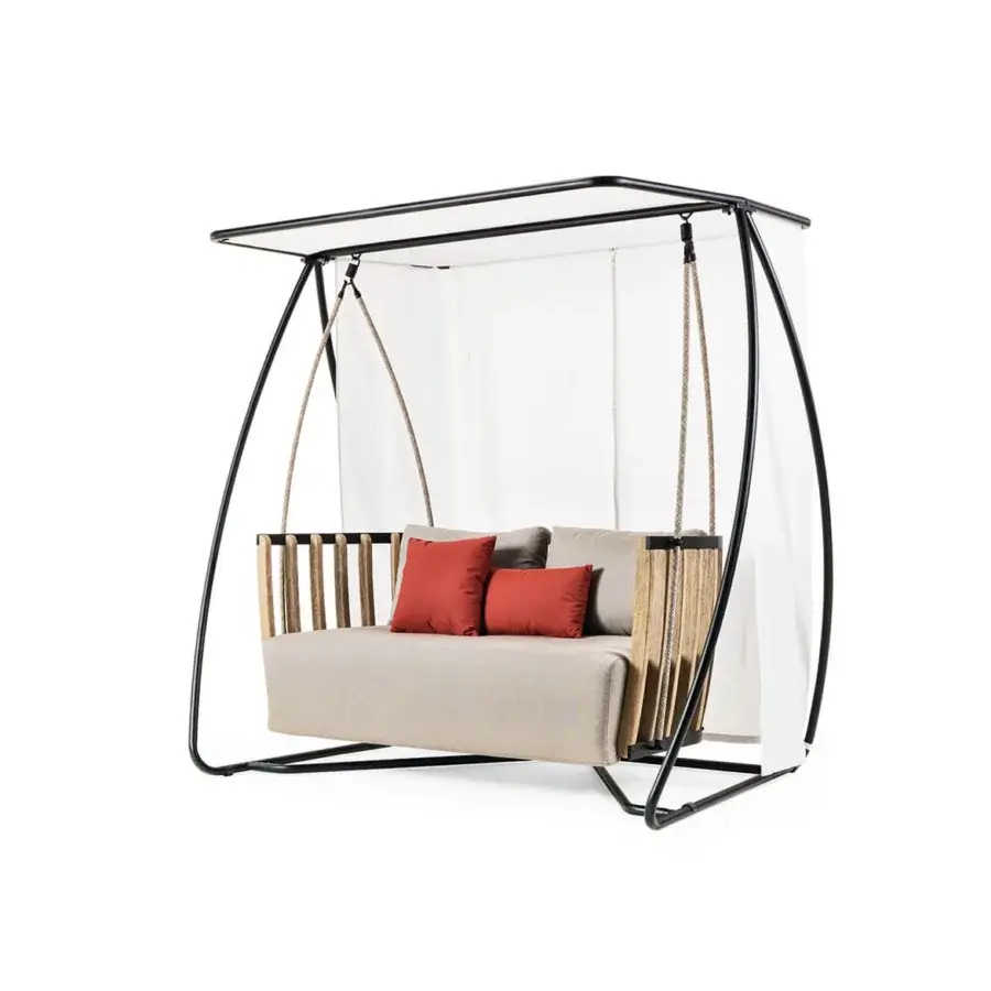 Exceptional Ethimo Swing hanging sofa with a slender matte black metal frame and light beige textile cushions in teak slats