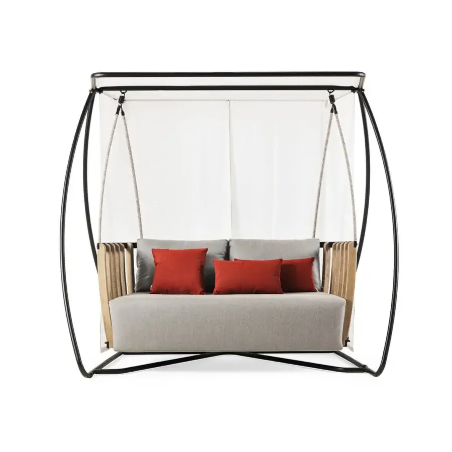Captivating Ethimo Swing hanging sofa with a matte metal frame, teak slats, light gray textile cushion and reddish-orange accent pillows, Made in Italy