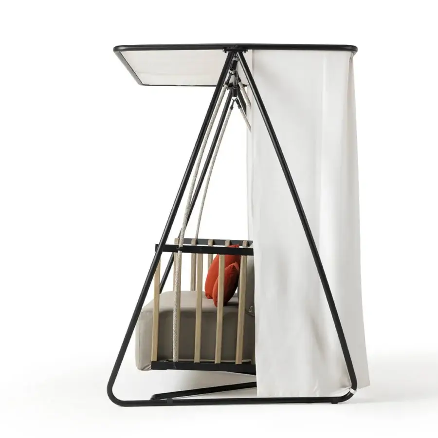 Superior Ethimo Swing hanging sofa with a dark gray metal frame, teak slats, and neutral beige textile upholstery