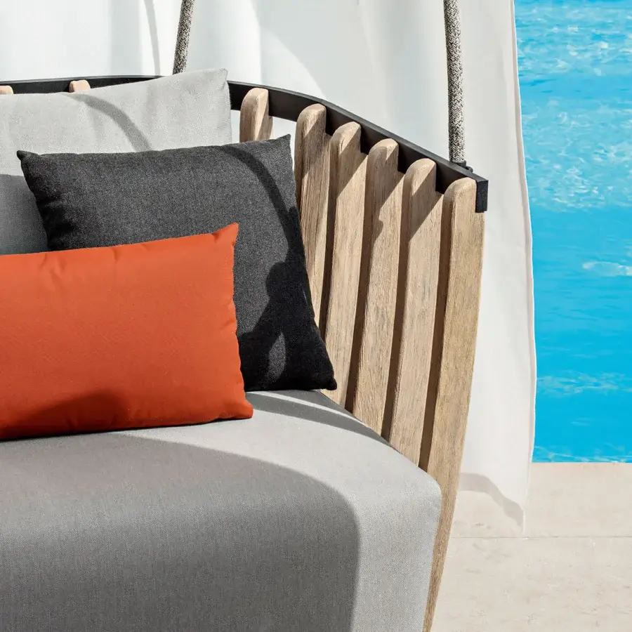 Exceptional Ethimo Swing hanging sofa with a dark gray metal frame and teak slats with a lightly textured satin finish