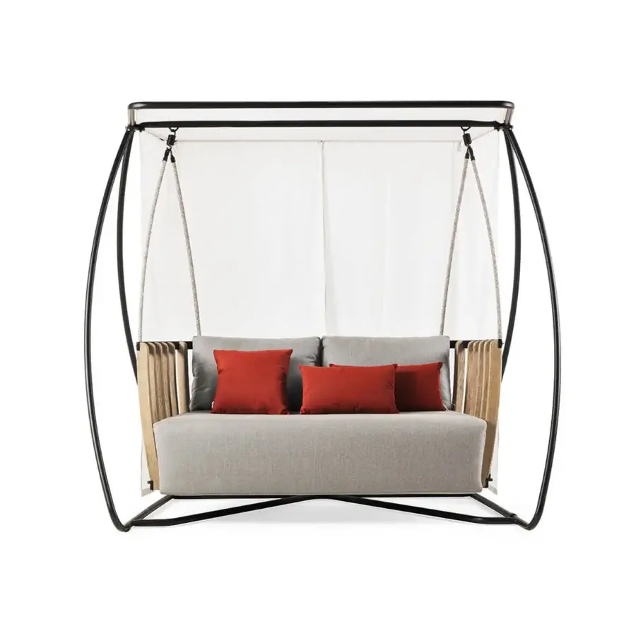 Distinctive Ethimo Swing hanging sofa crafted with a slender metal frame, teak slats, light gray textile upholstery and a flowing white canopy