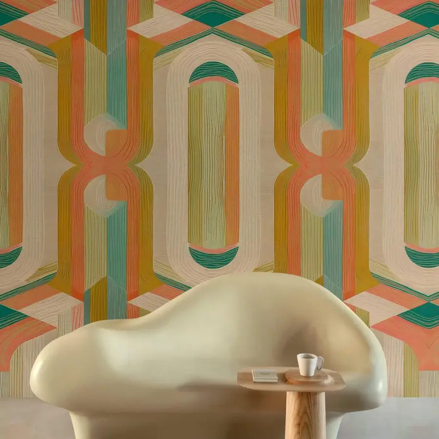 Exceptional Wall&Decò Ananke wallpaper showcases interlocking loops in terracotta, teal, and beige with a fabric-effect d.TW finish