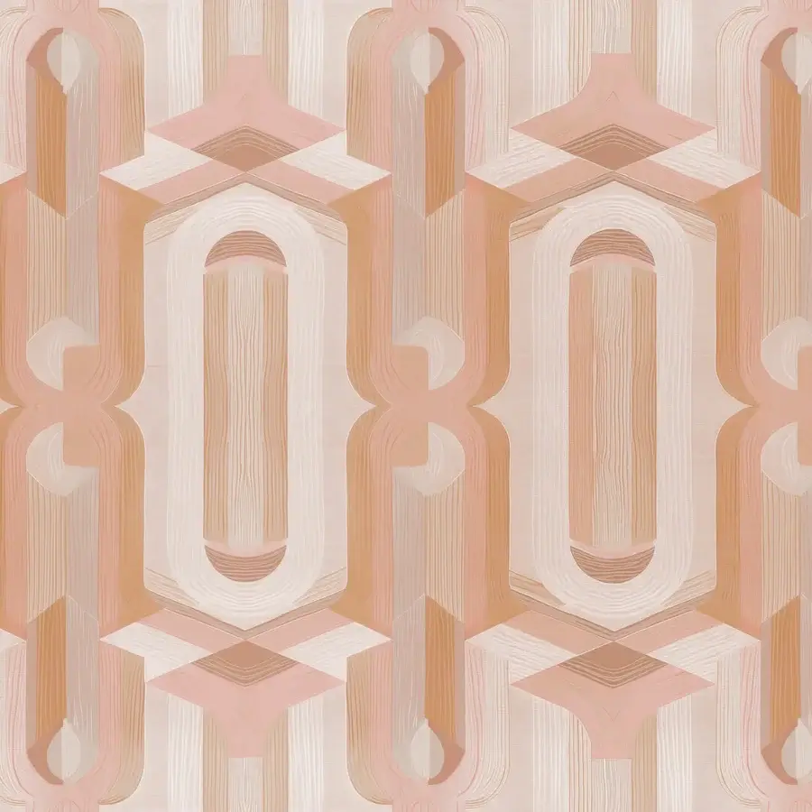 Distinguished Wall&Decò Ananke wallpaper presents intertwining geometric forms in muted terracotta and peach tones with a smooth matte finish