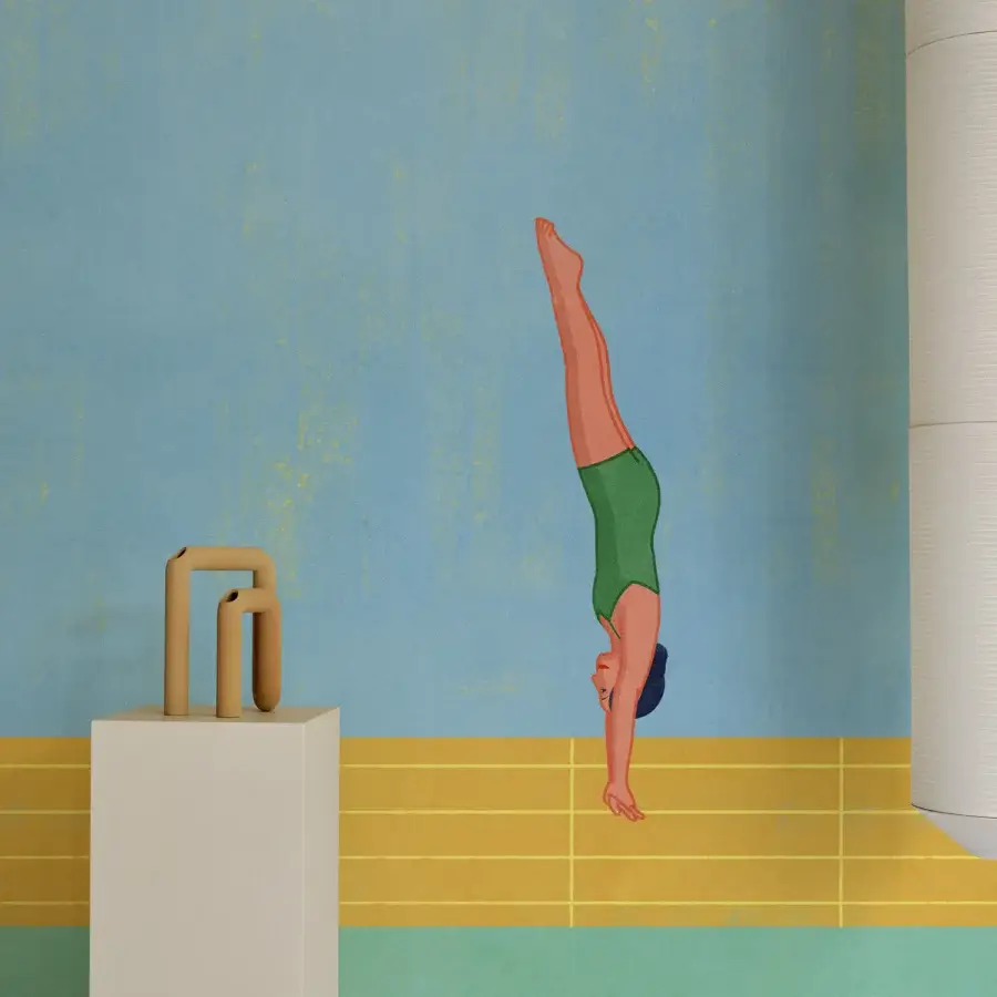 Elegant Wall&Decò Olimpia wallpaper showcases a swimmer illustration in blue, yellow, and peach with a subtly textured matte finish