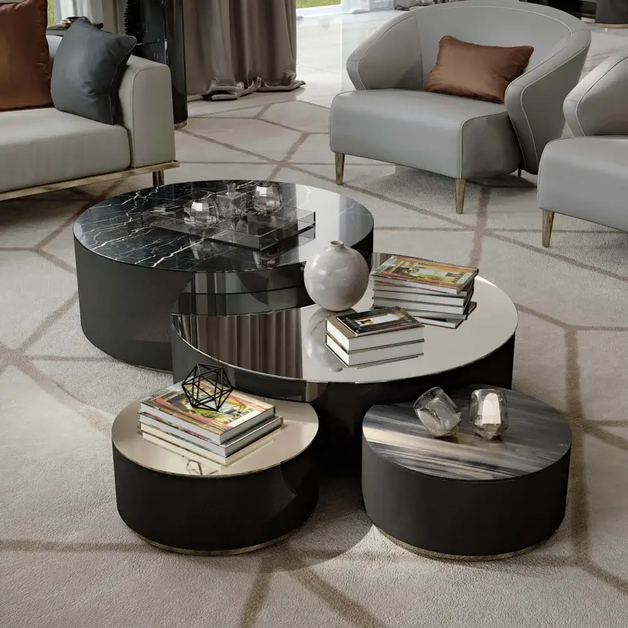 Elegant Bizzotto Italia Ikat coffee table with ceramic marble-effect tabletop and dark base featuring metallic bronze accents