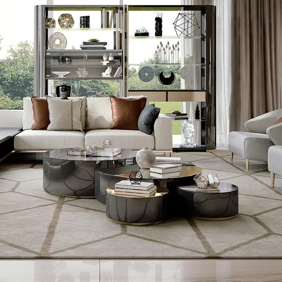 Superior Bizzotto Italia Ikat coffee table in dark gray ceramic marble-effect with polished metallic base profiles